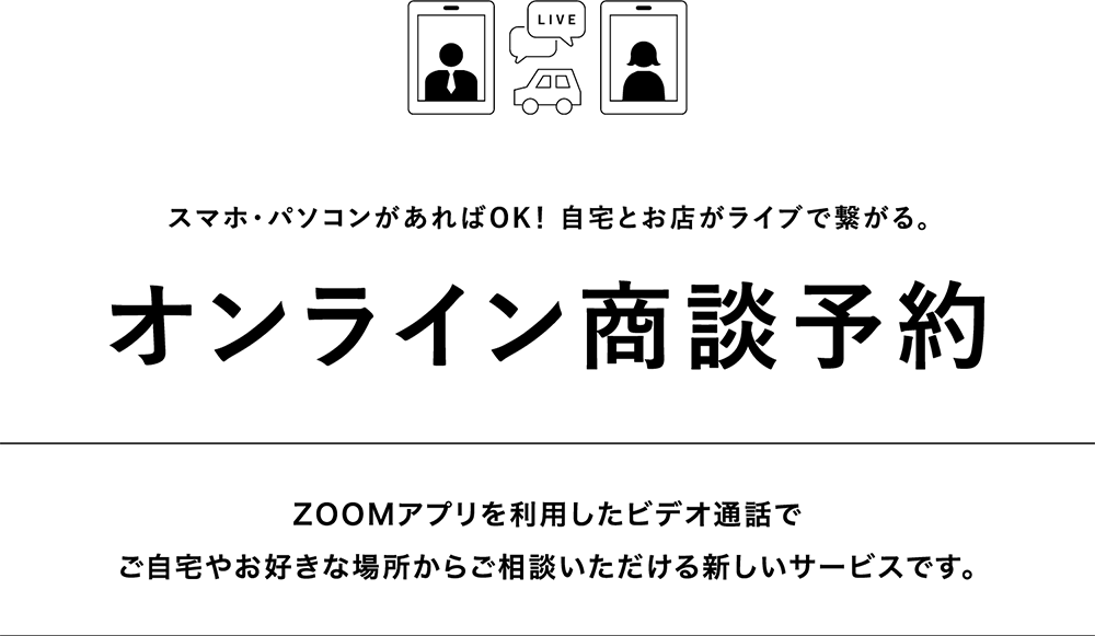 オンライン商談予約　ZOOMアプリを利用したビデオ通話でご自宅やお好きな場所からご相談いただける新しいサービスです。